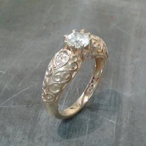 vintage victorian style gold princess ring with a cathedral setting and custom embellishments side view