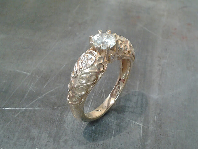 vintage victorian style gold princess ring with a cathedral setting and custom embellishments side view