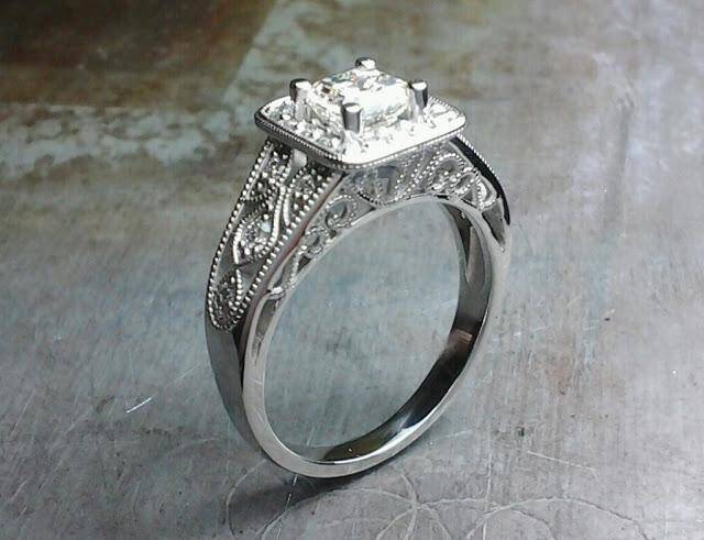 custom designed engagement ring by sean ferguson with princess cut diamond in square halo setting