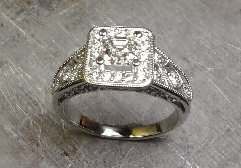 custom designed engagement ring by sean ferguson with princess cut diamond in square halo setting top view