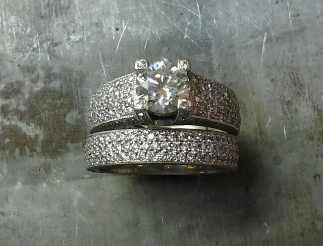 custom engraved engagement ring with princess diamond in channel setting and matching wedding band top view