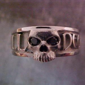 custom skull engraved wedding ring with black diamonds and monogram