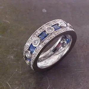 custom 14k white gold ring with diamonds and sapphires
