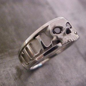 custom skull engraved wedding ring with black diamonds and monogram side view