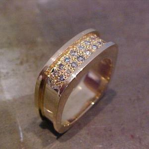 custom square shaped gold wedding band with diamond cluster and custom engraving