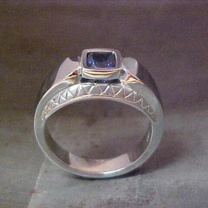 14k white gold custom ring with sapphire center gem side view