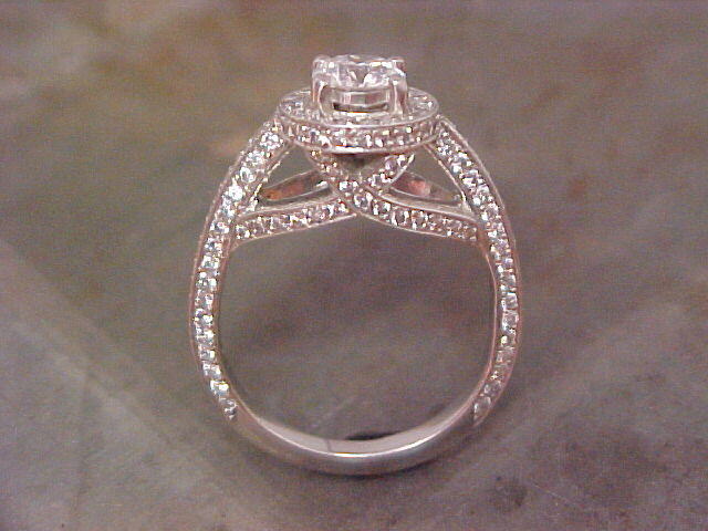 split diamond engagement band with princess cut center stone side view