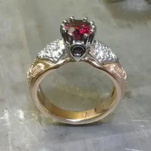 vintage victorian royalty inspired ring with ruby and custom engraving