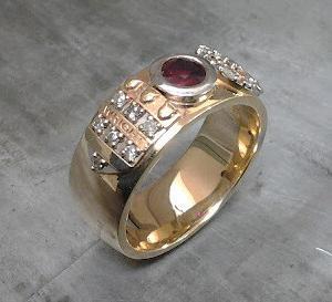 custom engraved wide band with rubies and rose gold
