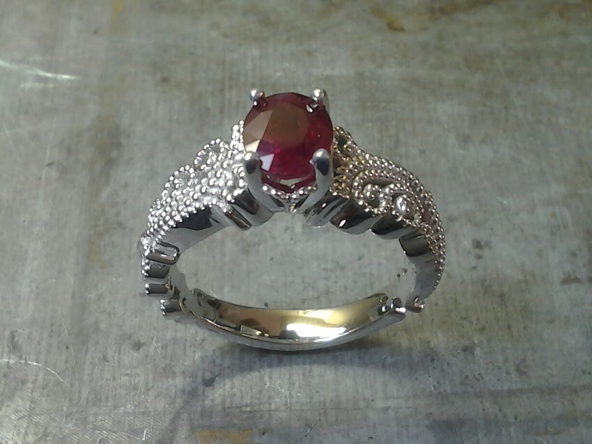 Ruby Engagement Ring with Mill-grain Filligree