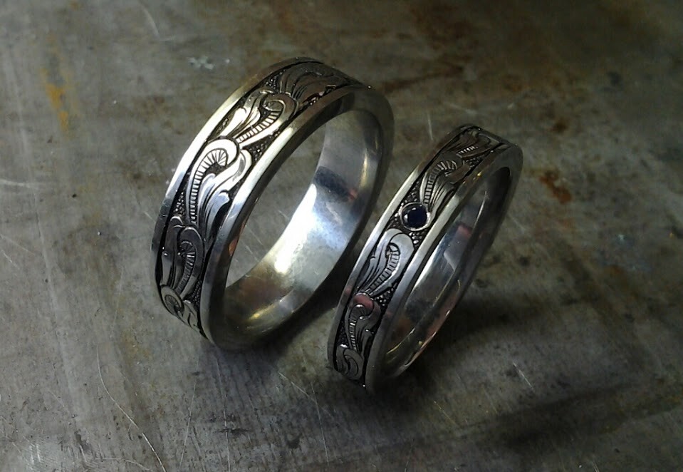 Custom matching hand engraved wedding set