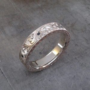 Hand engraved gemstone wedding bands
