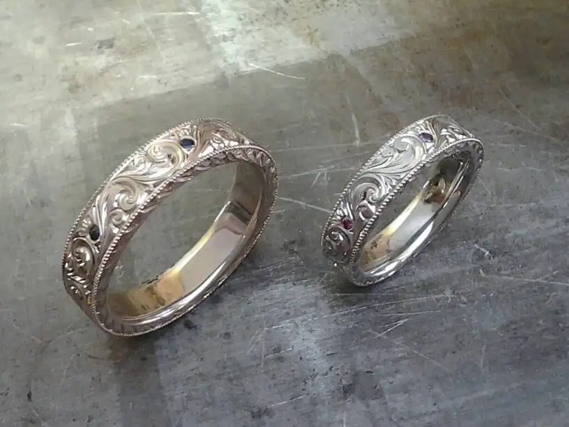 Matching hand engraved wedding bands