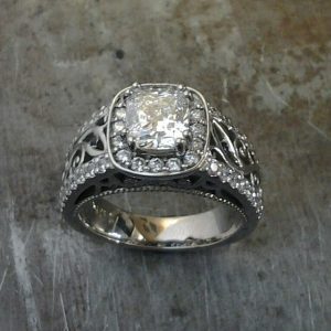 Cushion Cut 19k Halo Engagement Ring
