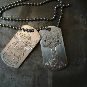 Custom Engraved white gold Dog Tags. Spirit animals and Family Tree.