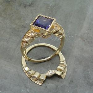 Purple stone engagement ring diamond leaves