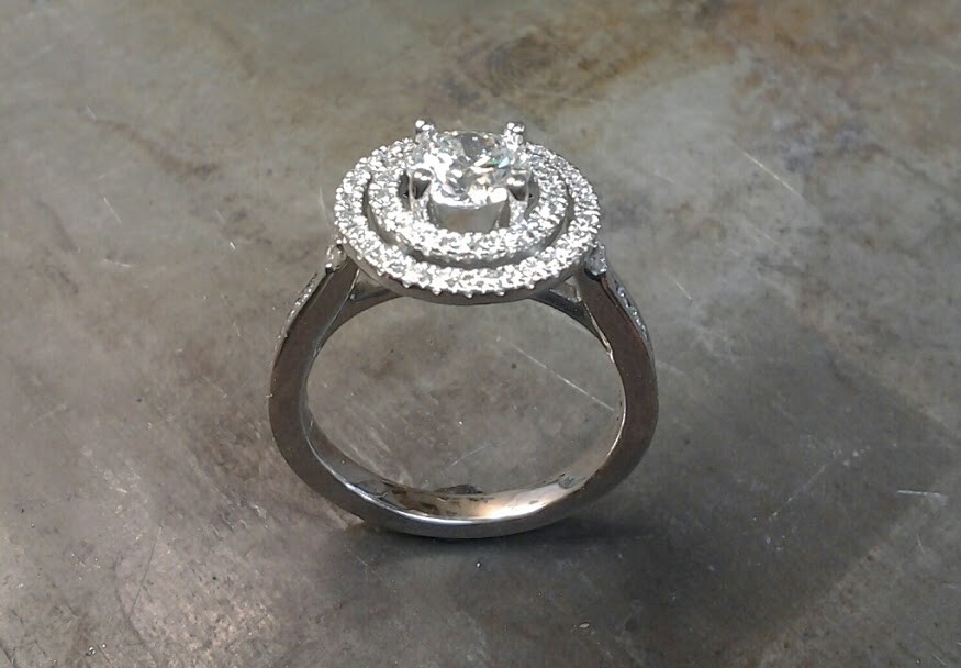 Double halo 19k white gold engagement ring side view