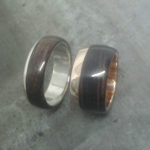 white gold and rose gold iron wood wedding bands