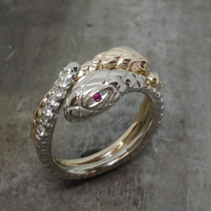 snake ring 19k, diamond, sapphire, ruby