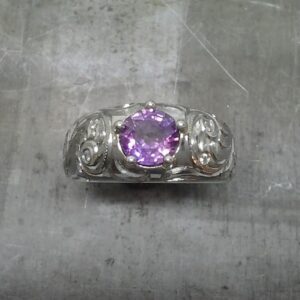 19k Custom scroll ring purple sapphire