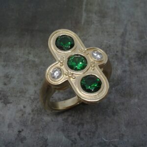 Triple Emerald and diamonds yellow gold ring