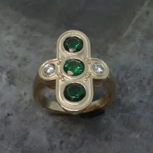 Triple Emerald and diamonds yellow gold ring