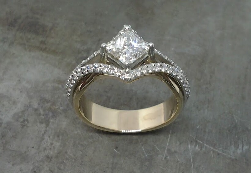Princess diamond melee diamond two tone engagement ring