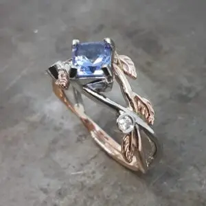Amethyst diamond twig leaf wedding ring