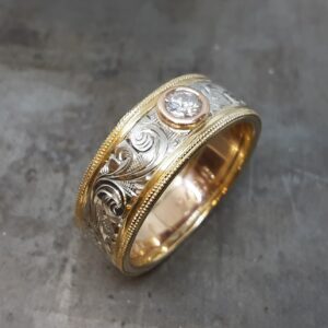 Custom multi color gold engraved diamond band