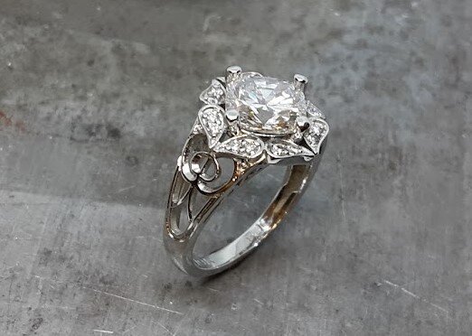 Square radiant diamond leaf halo 19k engagement ring