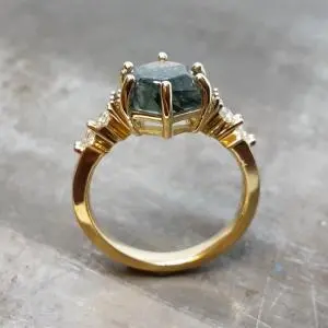 Moss agate 18k yellow gold diamond engagement ring