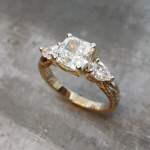 Engraved cushion cut pear shape 14k yellow gold engagement ring