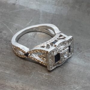 Art deco white gold diamond sapphire ring