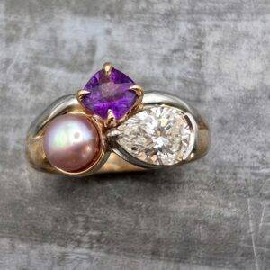 18k and 19k Amethyst pearl and diamond ring