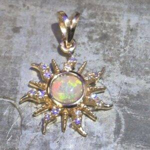 opal 14k yellow gold sun pendant with diamonds