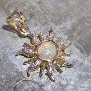opal 14k yellow gold sun pendant with diamonds