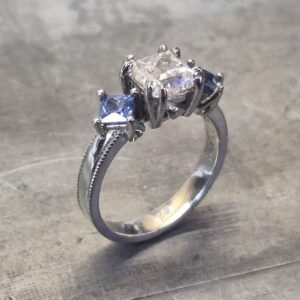 Blue sapphire Princess cut diamond engagement ring