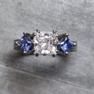 Blue sapphire Princess cut diamond engagement ring